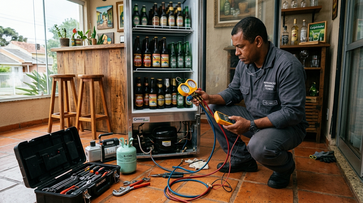 Profissional executando reparo no motor de cervejeira em Governador Valadares‑MG