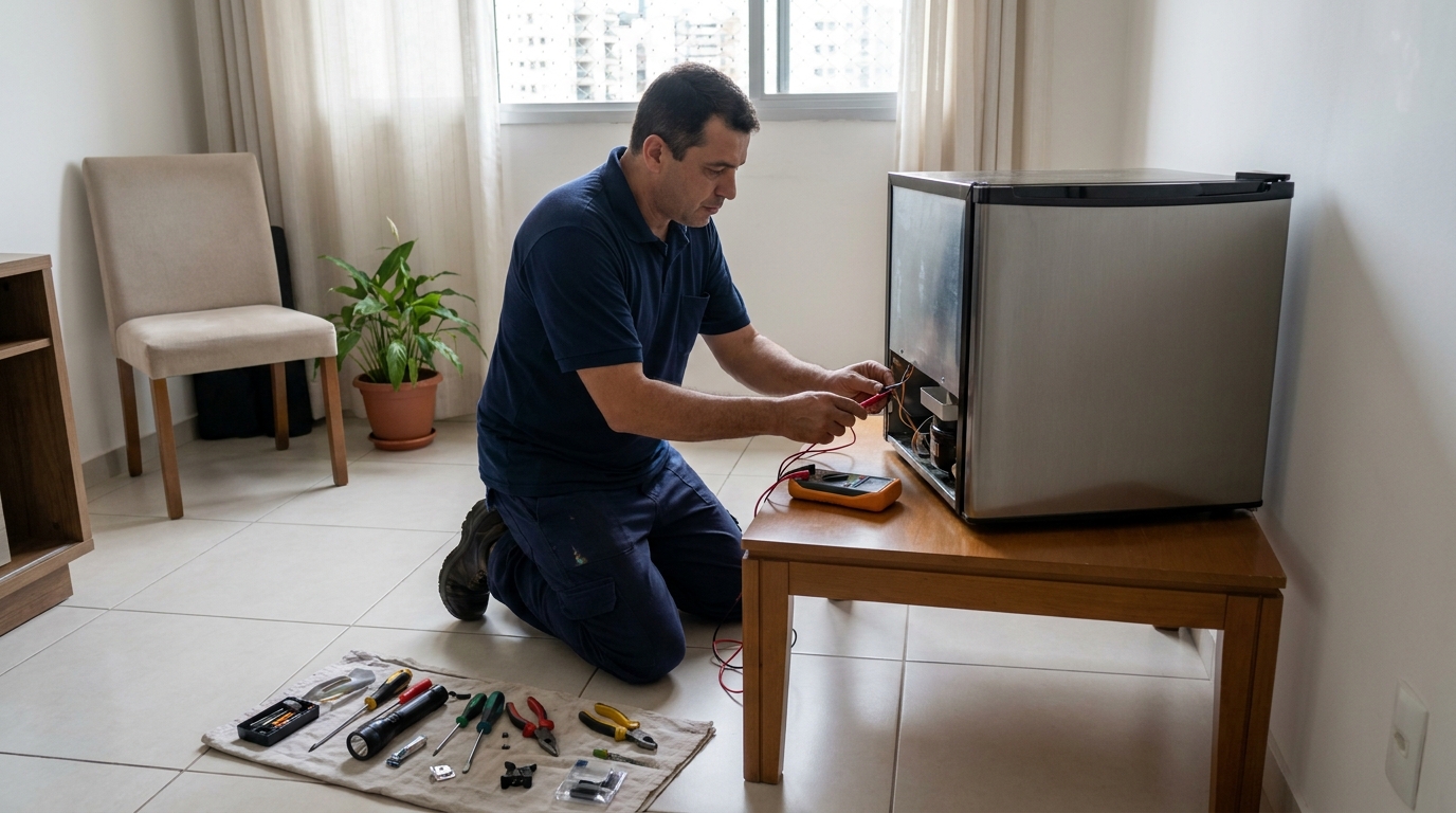Técnico fazendo manutenção do motor de frigobar em Governador Valadares‑MG