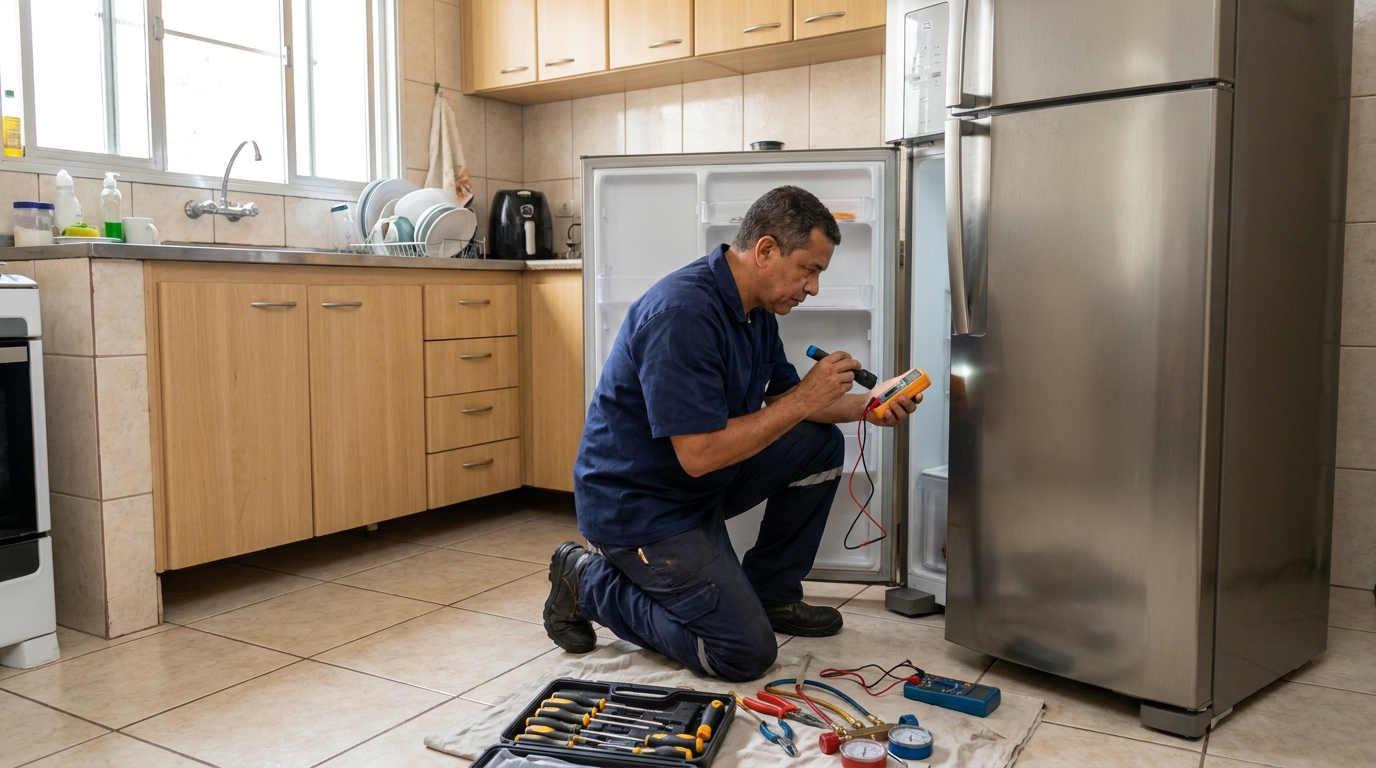Técnico aplicando recarga de gás refrigerante em geladeira em Governador Valadares‑MG