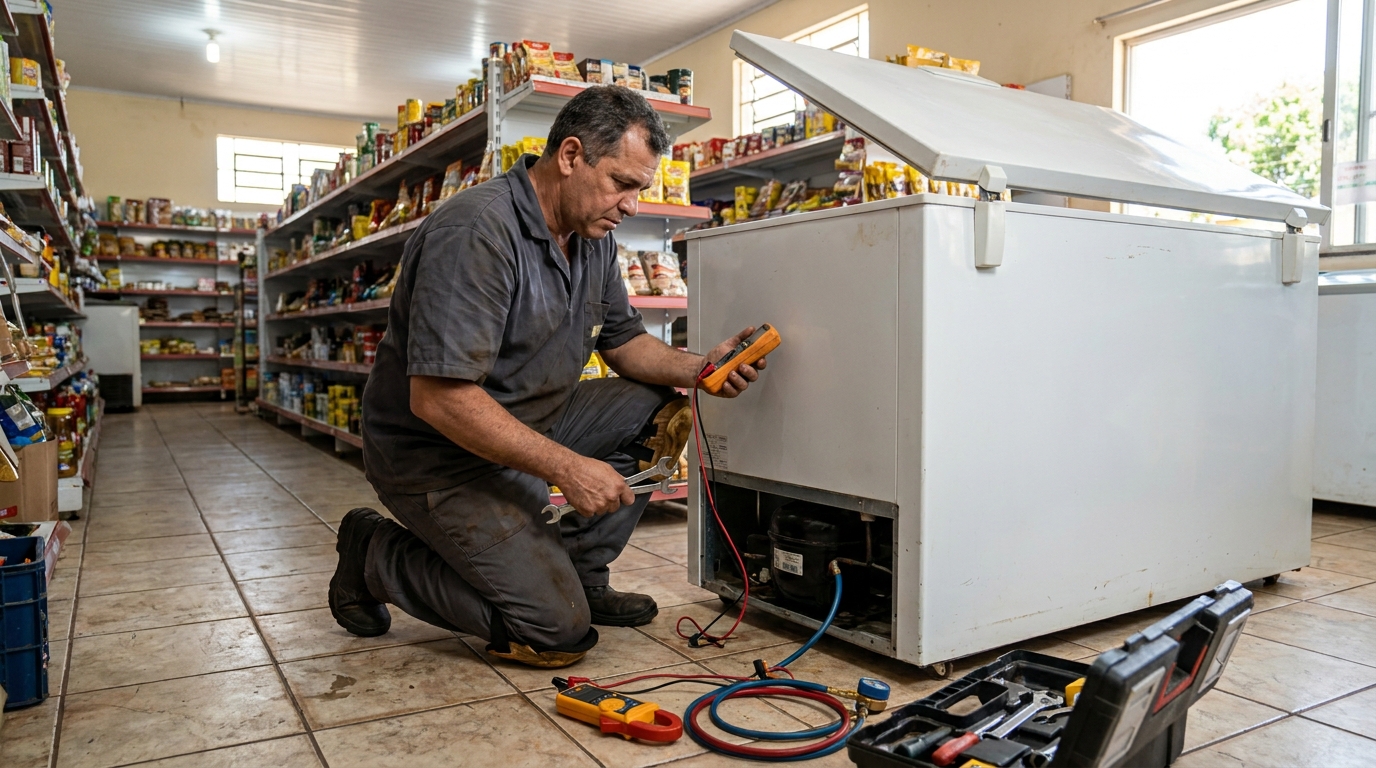 Substituição de termostato de freezer em visita técnica em Governador Valadares‑MG